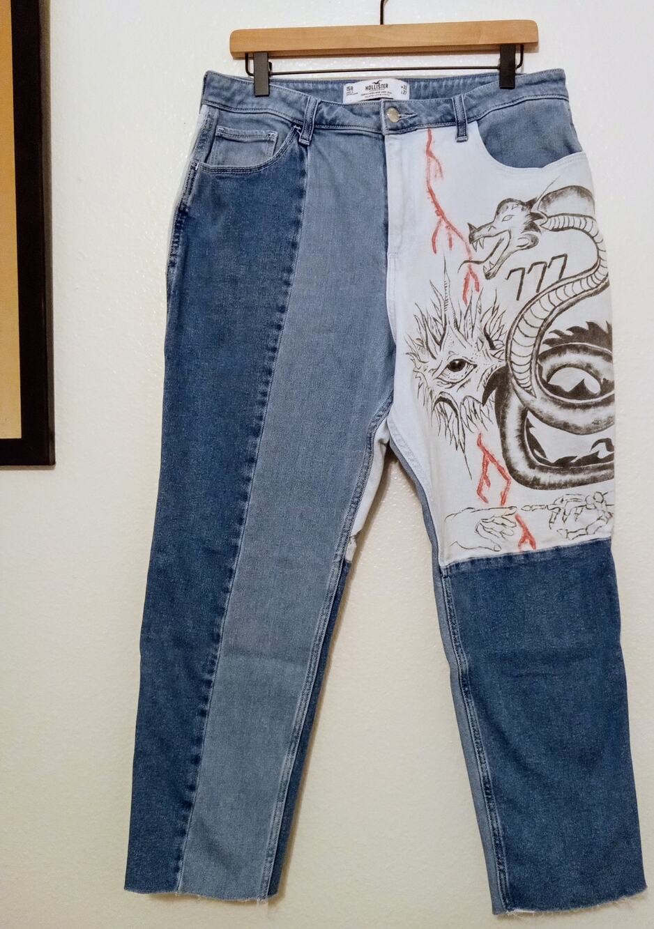OOAK Custom Drawn On Hollister Women's Curvy High Rise Mom Jeans Goth Art SZ 15R